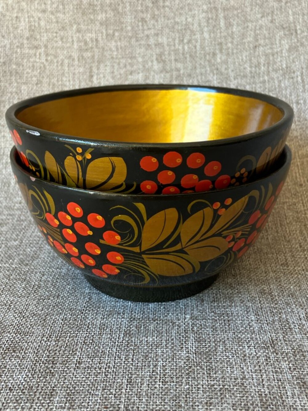 Set of Two, Vintage USSR Russian Khokhloma Folk Art Hand Painted Lacquer Wooden